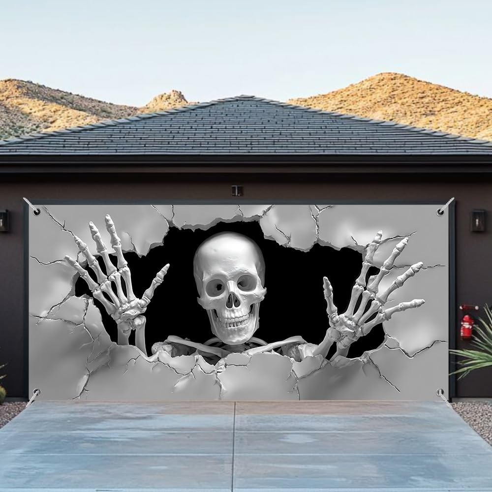WDESYADMS Skeleton Garage Door Cover 157.48 × 70.87 Inch Scary 3D Cracked Wall Skeleton Garage Door Decoration for Outdoor Halloween Party Yard Home Decor