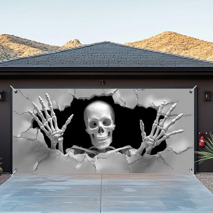 WDESYADMS Skeleton Garage Door Cover 157.48 × 70.87 Inch Scary 3D Cracked Wall Skeleton Garage Door Decoration for Outdoor Halloween Party Yard Home Decor