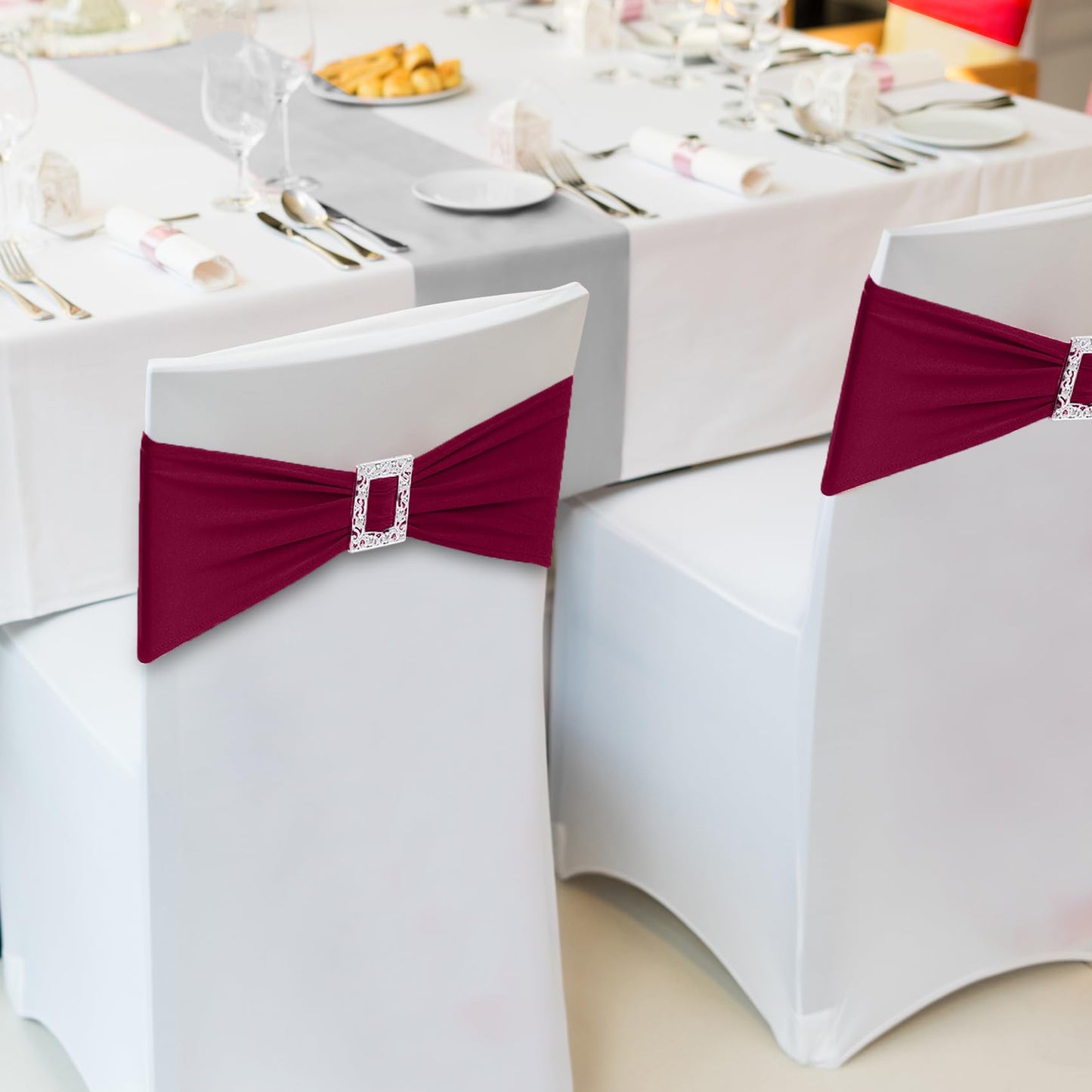 Joccun 60 PCS Spandex Chair Sashes Bows Stretch Chair Cover Band with Buckle Slider Universal Elastic Chair Ties for Wedding Banquet Party Event Decoration (Burgundy)