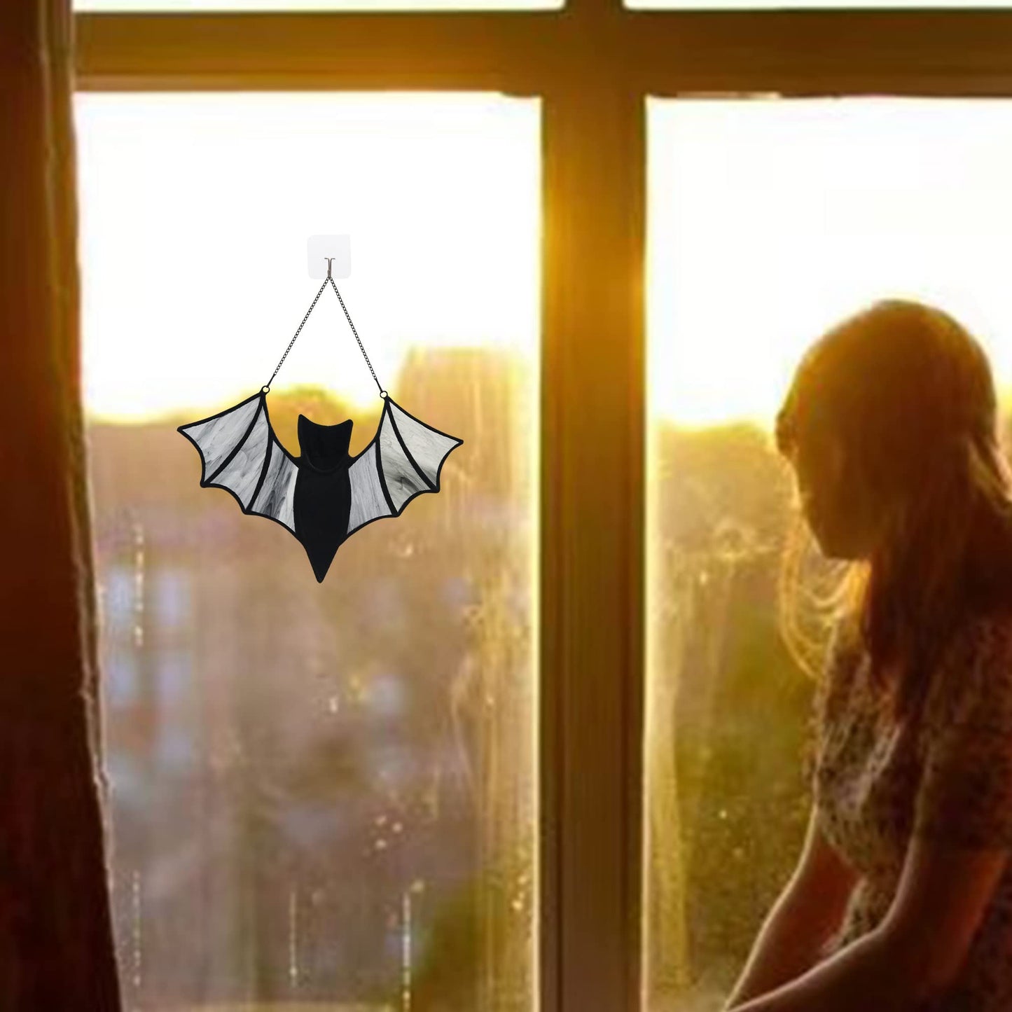 HAOSUM Halloween Bat Decoration Stained Glass Window Hangings - Bat Suncatcher Ornaments Spooky Bats Craft Window Decor Gifts(3.9"×3.9")