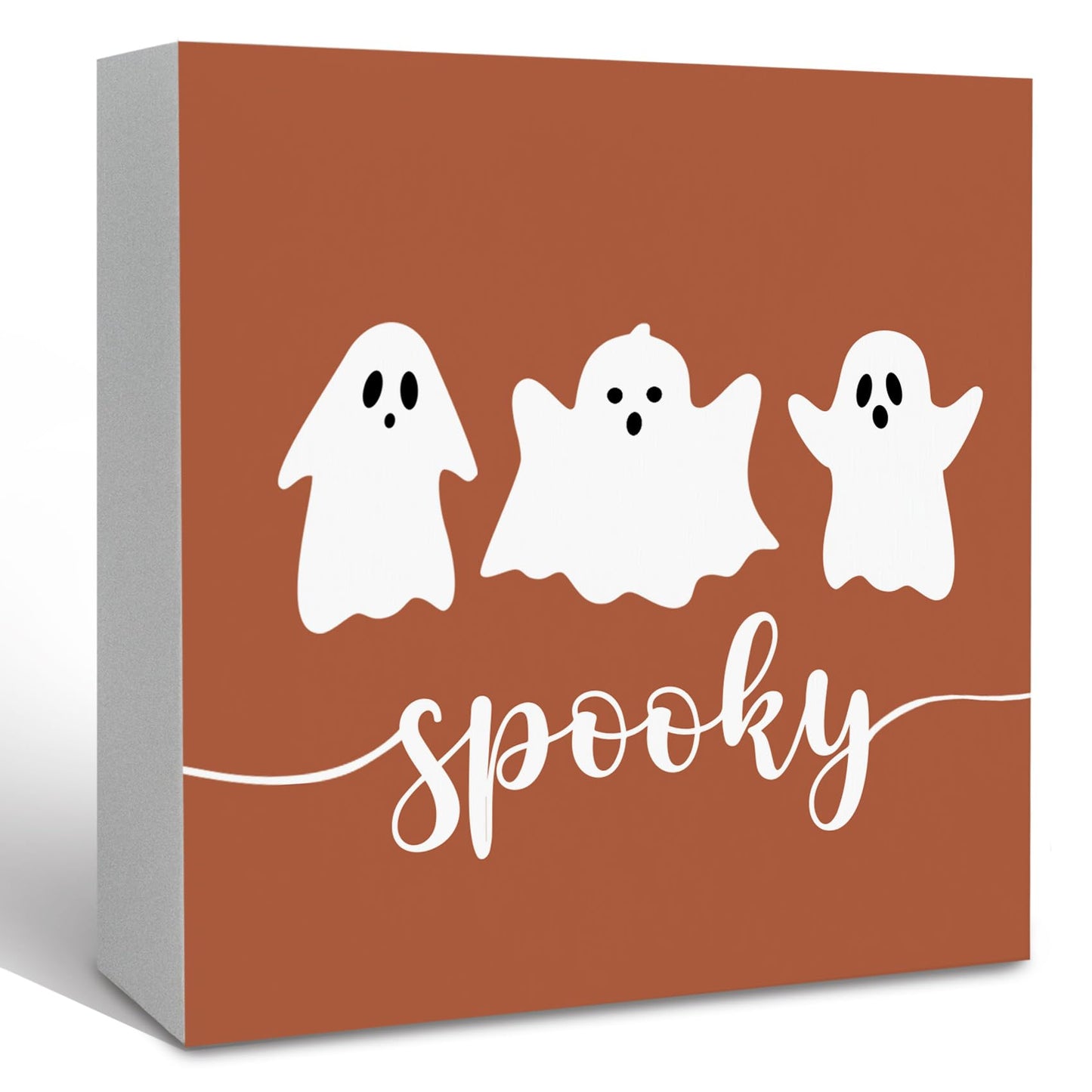 KFXHANGD Happy Halloween Ghosts Wooden Box Sign Desk Decor, Fall Thanksgiving Decoration, Fall Halloween Ghosts Decoration for Home Office, Halloween Spooky Gost Shelf Desk Decor 5x5 Inch