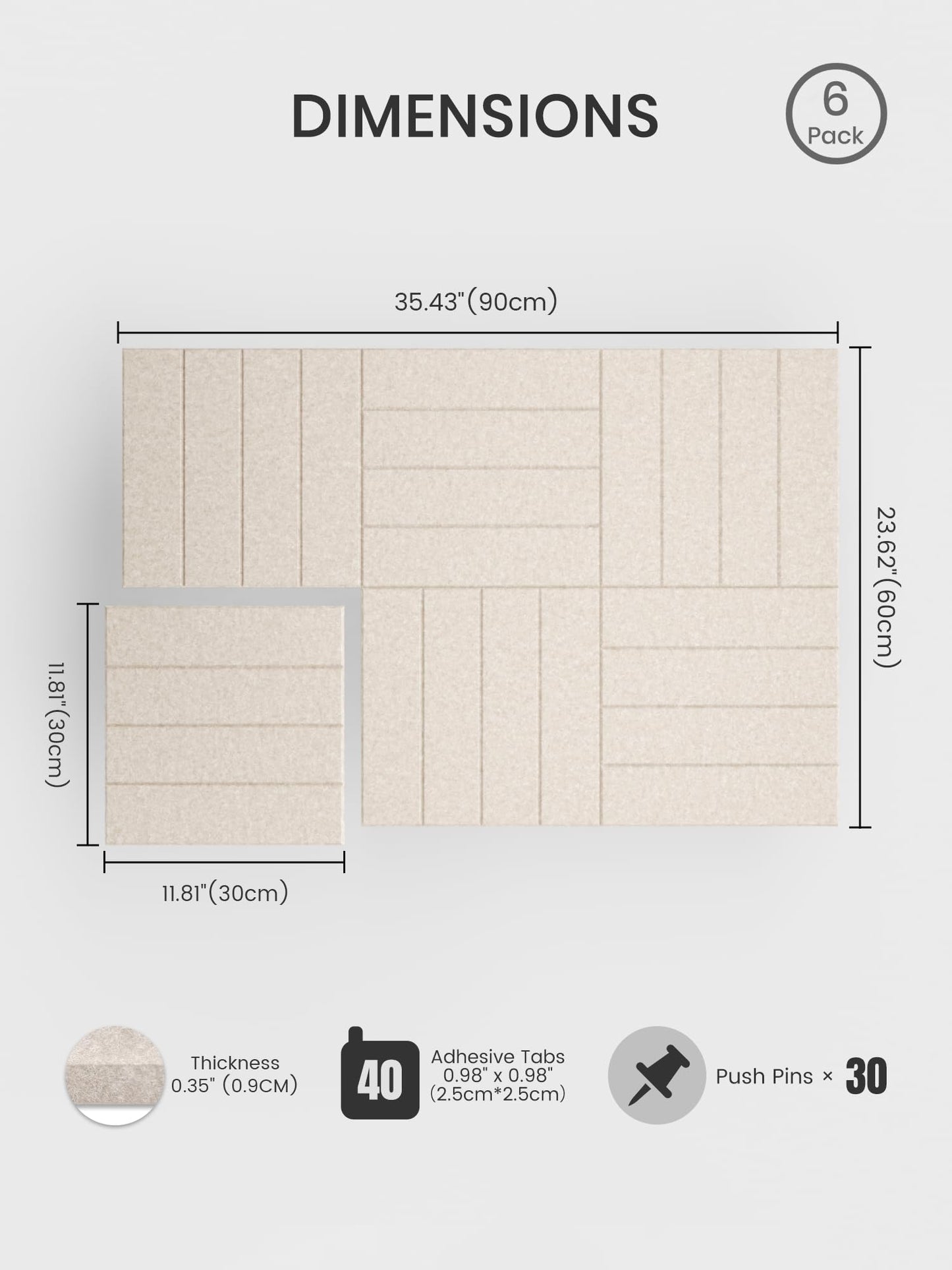 Bumusty Large Cork Board Alternative-36 x 24" Felt Bulletin Board Tiles, with 30 Pushpins, 40 Adhesive Tabs, Bold-Stripe 6-Pack, Cork Boards for Office Push Pin Board Felt Board-Oatmeal
