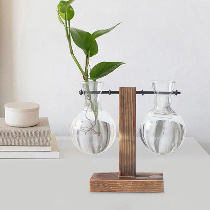 MOBUTOFU 3pcs Hydroponic Propagation Glass Containers with Wooden Stand, High Borosilicate Plant Terrarium Glass Holders for Indoor Desktop Decoration