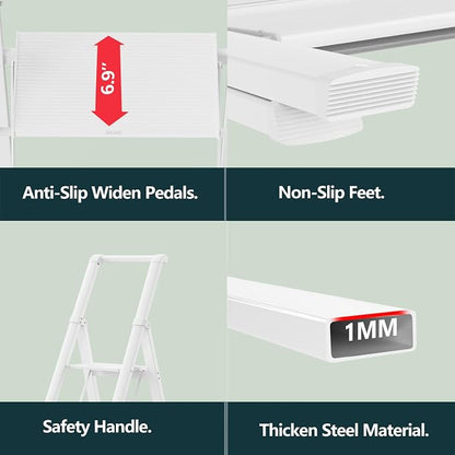 WOA WOA 5 Step Ladder, Ladders for Home, Anti-Slip Pedals, Step Stool Foldable, Lightweight to Move, Ease of Storage, Reach 10ft for Closet Kitchen Library, Hold 300lbs - White