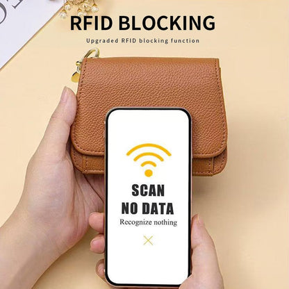 IDIDG Small Wallet for Women RFID Blocking Genuine Leather Slim Keychain Wallet Tri-Fold Card Case with Coin Pocket(Brown)