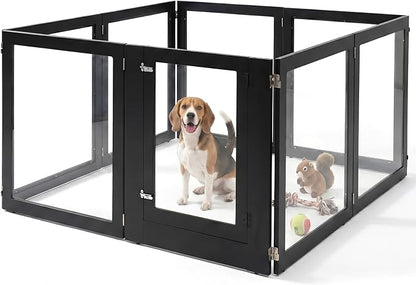 Heavy Duty Clear Acrylic Dog Playpen for Small/Medium Pets – 32" High Clear Pet Pen with Sturdy Metal Frame, Walk-in Kennel, Expandable Indoor & Outdoor Pet Play Yard (Black, 8 Panels Including Door)