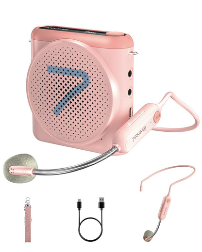 7RYMS WA1 Wireless Voice Amplifier with Headset Microphone for Teachers, Personal Power Amplifier with Noise Canceling, 164ft Range, 23H Working, Microphone Speaker for Teaching, Speech, Yoga(Pink)