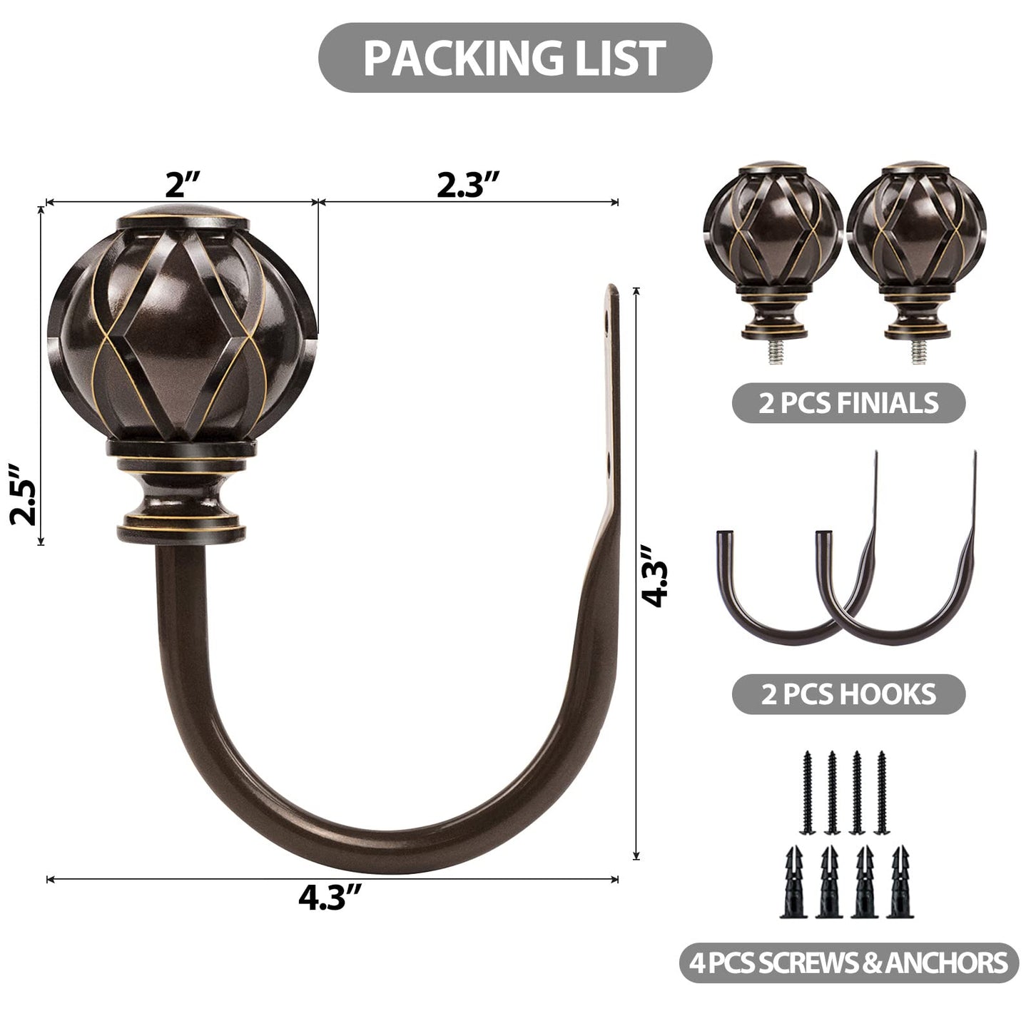 KAMANINA Decorative Curtain Drapery Holdbacks, Curtain Tiebacks Hooks with Screws Wall Mounted, Netted Texture Finials for Drapes Window Home Decoration, Bronze (1 Pair/2 Pack), Small