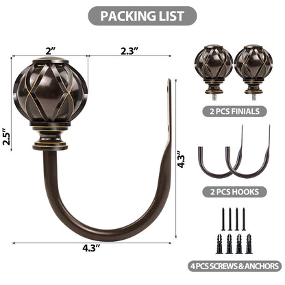 KAMANINA Decorative Curtain Drapery Holdbacks, Curtain Tiebacks Hooks with Screws Wall Mounted, Netted Texture Finials for Drapes Window Home Decoration, Bronze (1 Pair/2 Pack), Small