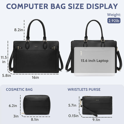 Keyli 3pc Sets Laptop Tote Bag for Women 15.6 Inch Work Bag Business Computer Briefcase Waterproof Leather Laptop Purses Casual Shoulder Handbag Messenger Bags for Travel Teacher Office Black