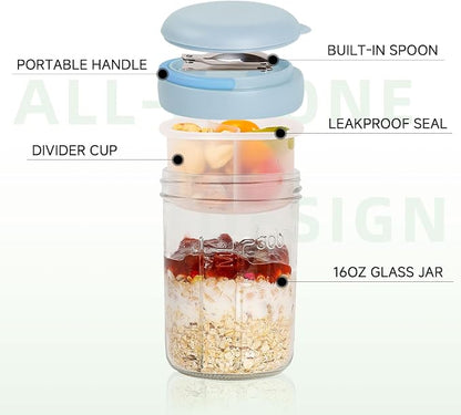Overnight Oats Containers with Handles & Lids – 16oz Glass Mason Jars with Spoons & Fruit Compartments, Chia Pudding Jars with Lids, 2 Sets (Cream, Blue)