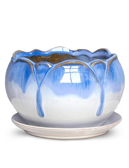 Dahlia 5.5'' Inch Rustic Drip Glazed Ceramic Planter/Succulent Pot/Plant Pot w. Saucer/Tray, White