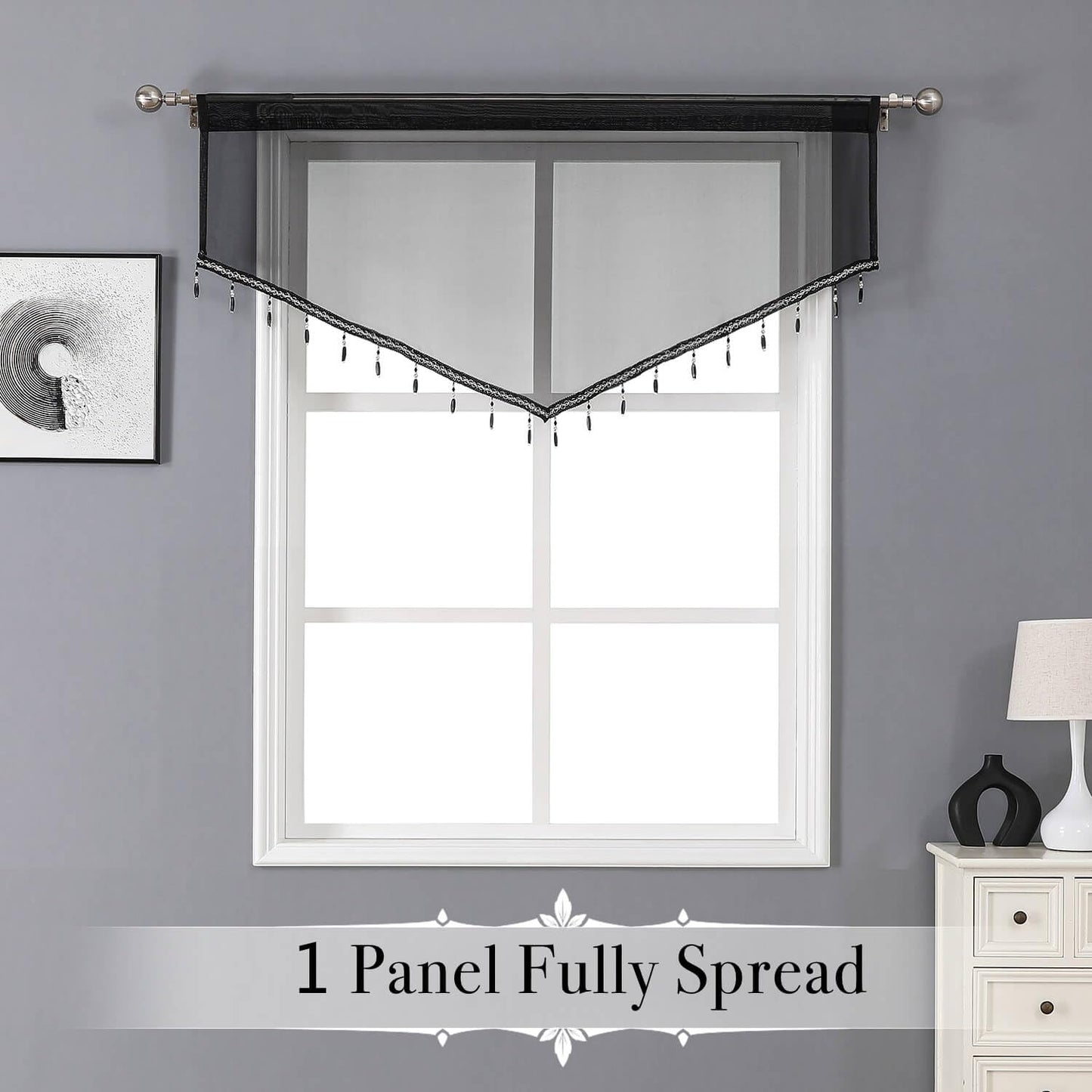 WUBODTI Halloween Black Beaded Sheer Valance Curtains for Windows 3Pcs, Gothic Farmhouse Window Valance Beads Tassel Semi Sheer Curtain Valances for Bedroom Bathroom Kitchen, 51 x 24 Inch Length