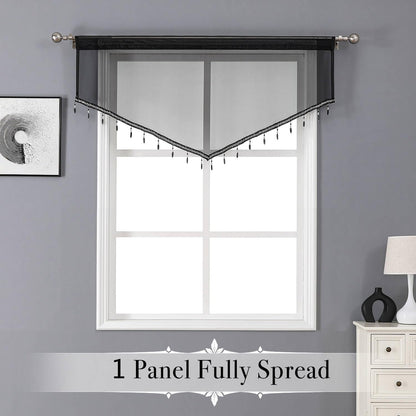 WUBODTI Halloween Black Beaded Sheer Valance Curtains for Windows 3Pcs, Gothic Farmhouse Window Valance Beads Tassel Semi Sheer Curtain Valances for Bedroom Bathroom Kitchen, 51 x 24 Inch Length