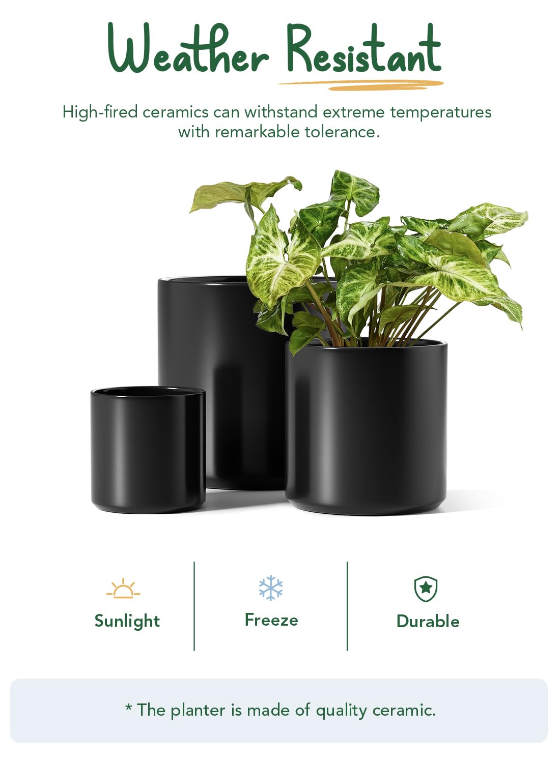 LE TAUCI Ceramic Pots for Plants, 10/8/6 Inch Indoor Planters with Draiange Hole, Silicone Plug & Mesh Pad, Modern Minimalist Pots for Home Office, Set of 3, Satin, Black