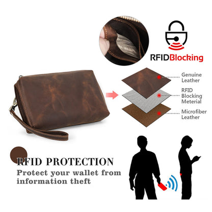 Top Grain Genuine Leather Clutch Wallet with Wristlet for Man & Woman, Handmade Simple Retro Vintage Design, Multi Pockets & Card Slots, RFID Large Capacity for Cards/ID/Checks/Banknote/Phone, Coffee