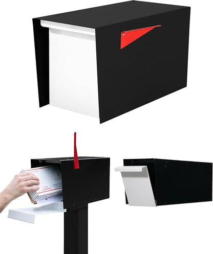 Ilyapa Modern Mailbox for Post Mount - Black with White Door Powder Coated Steel, Waterproof Letter Box for Parcels, with Recessed Magnetic Close Door