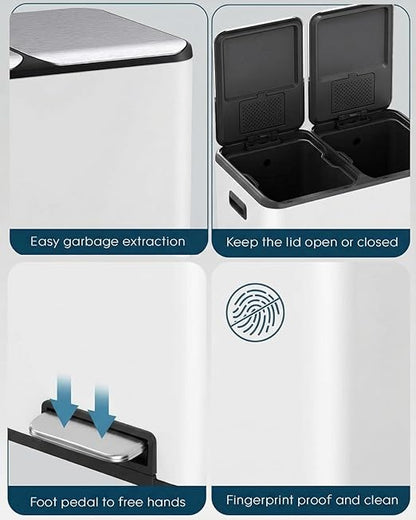 ComfyCorner 16 Gal (2 x 30 L) Dual Trash Can, Stainless Steel Kitchen Garbage Bin, Recycle Dustbin with Odor Control Box, Soft-Close Lid, Inner Buckets, Side Handle, Step Pedal, for Home Office