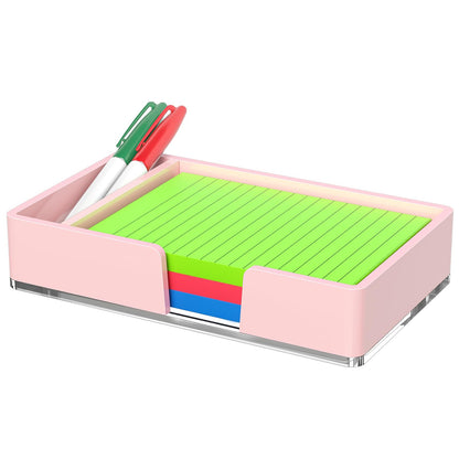 Kucle Sticky Note Holder with Pen Slot, Pink Acrylic Notepad Holder 4x6 in Self-Stick Note Dispenser Office Desk Accessories, Memo Pad Holder Organizer for Classroom School Supplies