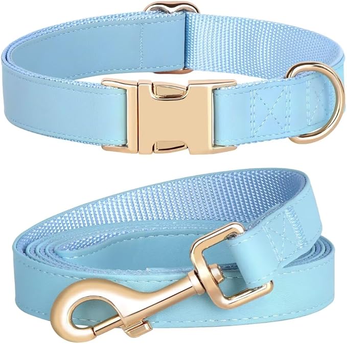 PET ARTIST Soft PU Leather Dog Collar and Leash Set, Bright & Stylish 5FT PU Leather Leash and Collar Set, Durable Pet Collars with Quick Release Metal Buckle for Medium Dogs,Blue,M(13-19")