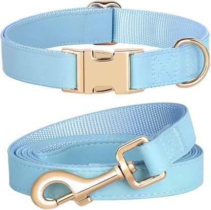 PET ARTIST Soft PU Leather Dog Collar and Leash Set, Bright & Stylish 5FT PU Leather Leash and Collar Set, Durable Pet Collars with Quick Release Metal Buckle for Medium Dogs,Blue,M(13-19")