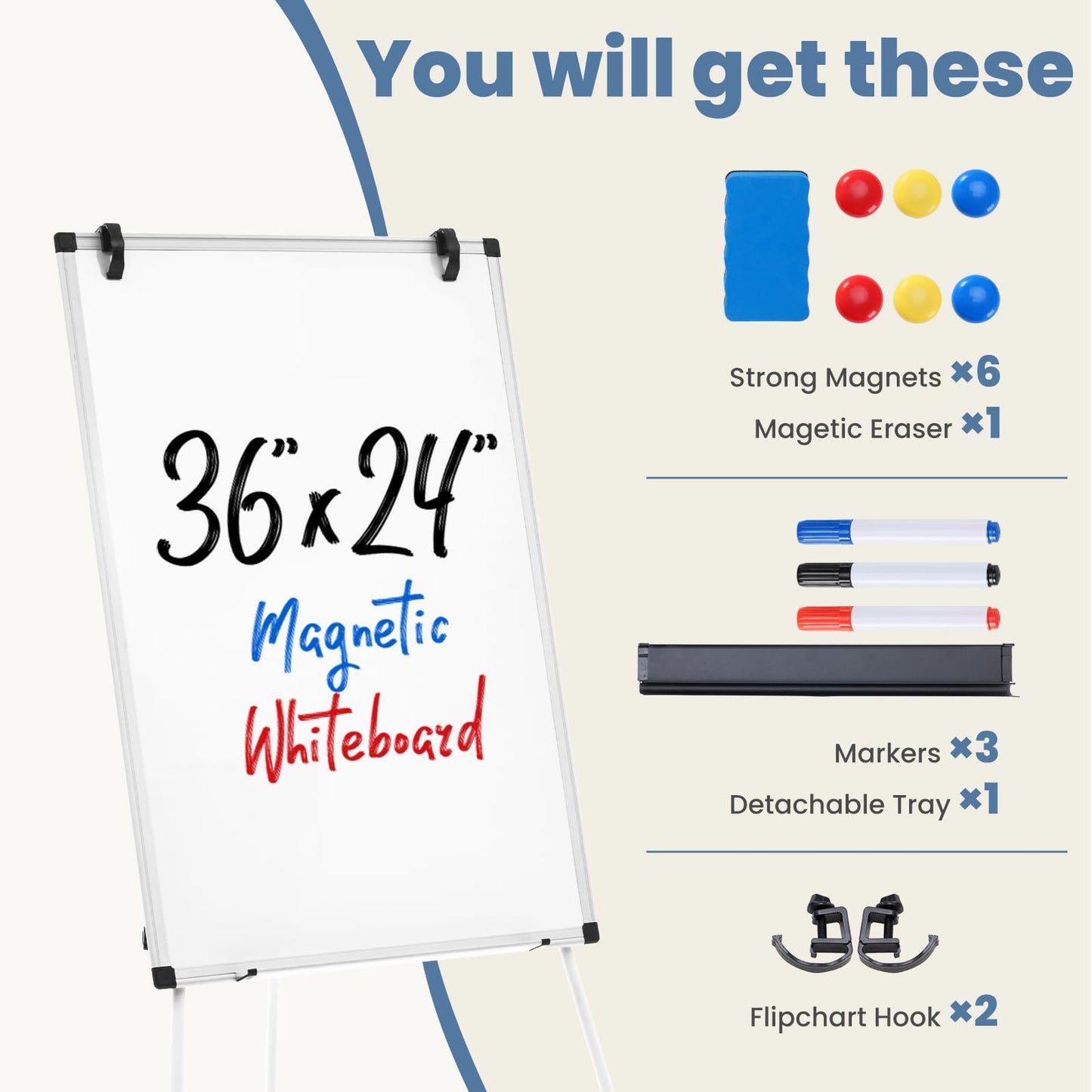 DUMOS White Board Easel 36 x 24 Inches, Magnetic White Board Dry Erase, Porbable Boards Height Adjustable, Dry Erase Board with Stand for School, Office and Home, Silver Aluminium Frame, White