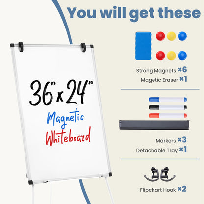 DUMOS White Board Easel 36 x 24 Inches, Magnetic White Board Dry Erase, Porbable Boards Height Adjustable, Dry Erase Board with Stand for School, Office and Home, Silver Aluminium Frame, White