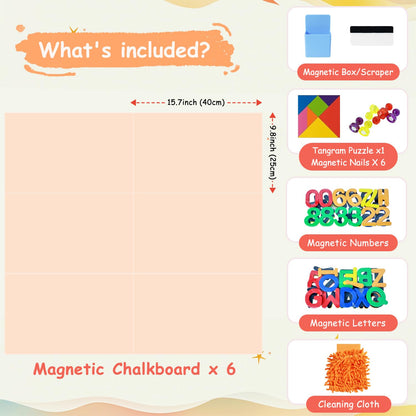 OMKSIH Magnetic Chalkboard Wall Decal Milk Tea Set of 6 Peel and Stick Magnet Sheets with Chalk Tangram Puzzle and Multiple Accessories Magnetic Chalk Board for Home Playroom and Classroom