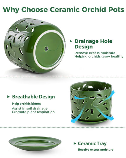 EFISPSS Orchid Pot with Holes, 5+6Inch Ceramic Plant Pots with Drainage Holes and Tray, Promoting Air Circulation and Drainage, Indoor/Outdoor Flower Pots-Green