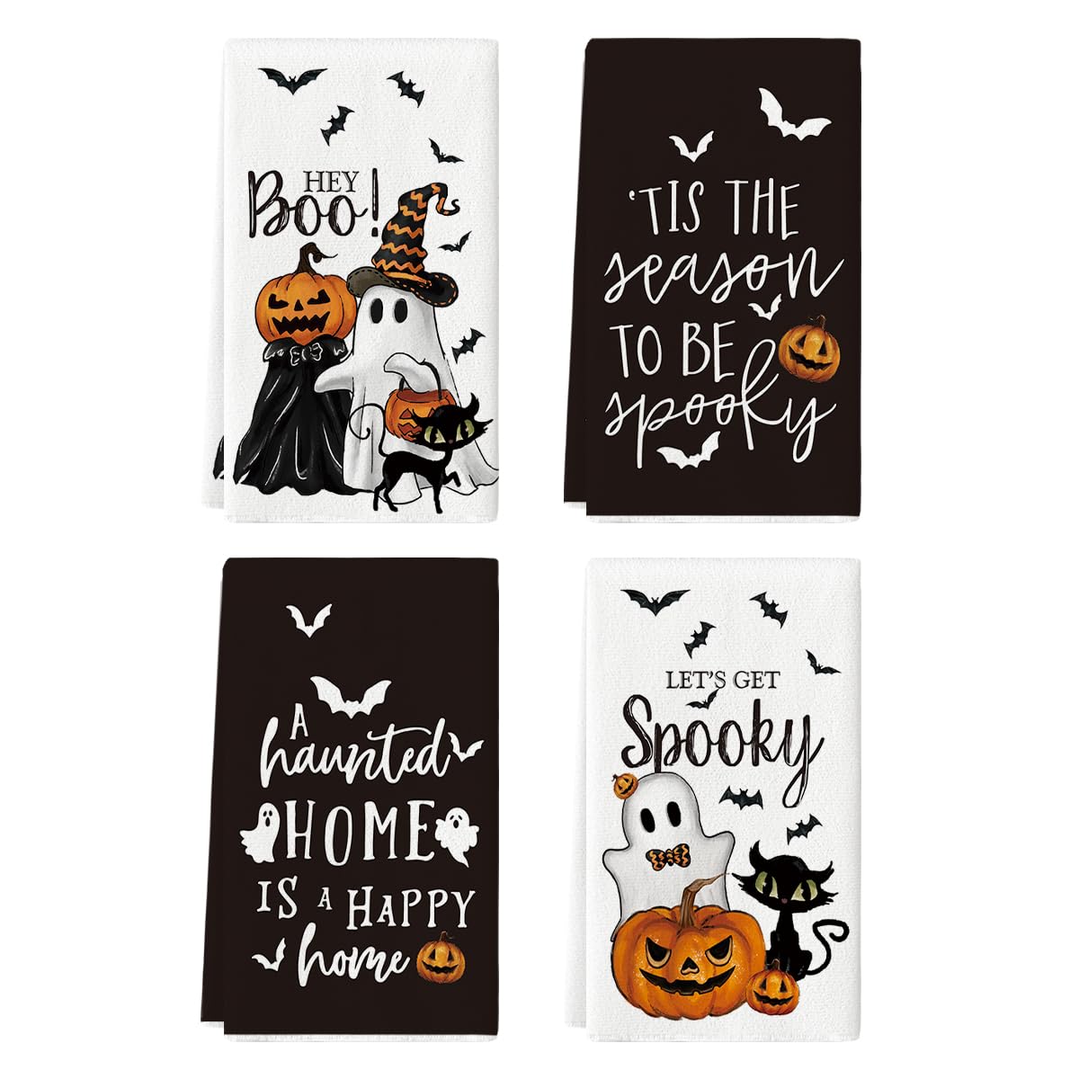 Artoid Mode Ghost Pumpkins Bats Cat Hey Boo Halloween Kitchen Towels Dish Towels, 18x26 Inch Jack-O'-Lantern Decoration Hand Towels Set of 4