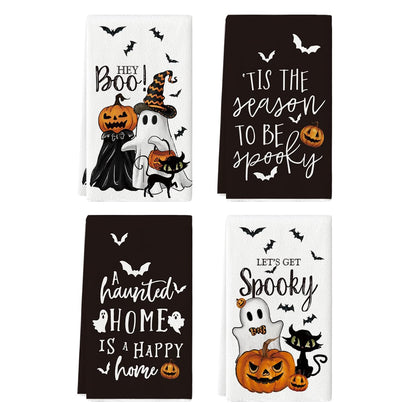 Artoid Mode Ghost Pumpkins Bats Cat Hey Boo Halloween Kitchen Towels Dish Towels, 18x26 Inch Jack-O'-Lantern Decoration Hand Towels Set of 4