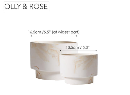 Olly & Rose White with Beige Streaks Ceramic Plant Pot Set 2-16.5,13.5cm Medium Plant Pots Outdoor and Indoor - White Planters - Flower Pots