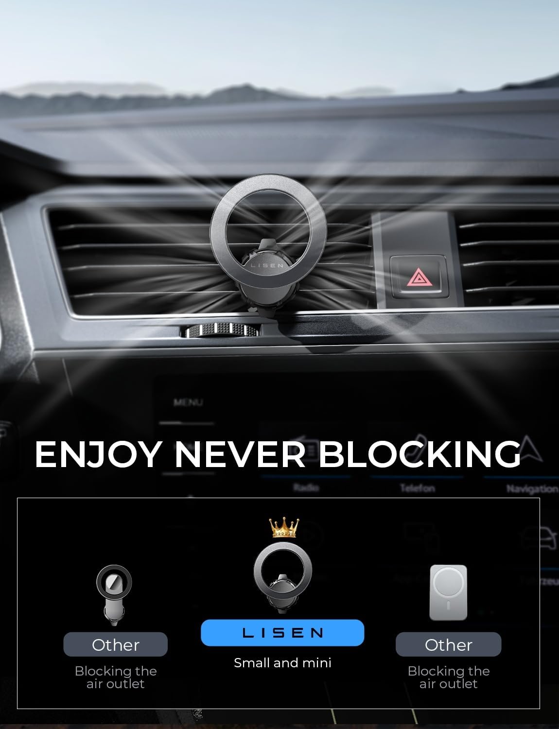 LISEN for MagSafe Car Mount iPhone 17 Car Accessories for Men Women Interior,Magnetic Phone Holder for Car [95% Increase Magnetic] Truck Vent Phone Mount 2X Mat Fit GPS iPhone 17 Pro Max Air 16 15