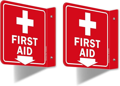 Faittoo First Aid Sign, 2 Pack First Aid with Cross Symbol - 6 x 6 Inches Acrylic Plastic, 2 Pre-Drilled Holes, Includes Matching Screws, Use for Home Office/Business