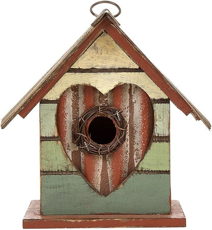 Glitzhome Bird House for Outdoor, 8.75" H Decorative Pet Cottage Distressed Heart Garden Wooden Birdhouse for Outside, Hanging Birdhouse for Bluebird Hummingbird Wren Finch Cardinals Cedar