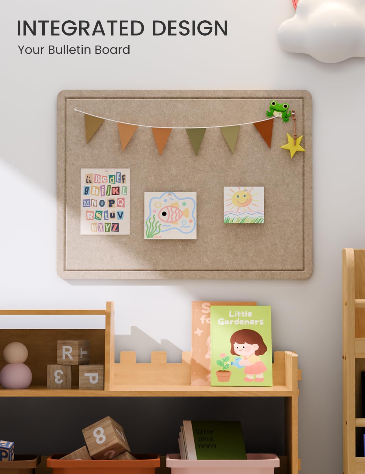 Fluxynara Bulletin Board, 23.6" x 17.5" Cork Board Alternative with 12 Safe Removable Adhesive Tabs, Foldable Felt Pin Board for Home Office, Classroom, Bedroom,Entryway for Walls—Taupe
