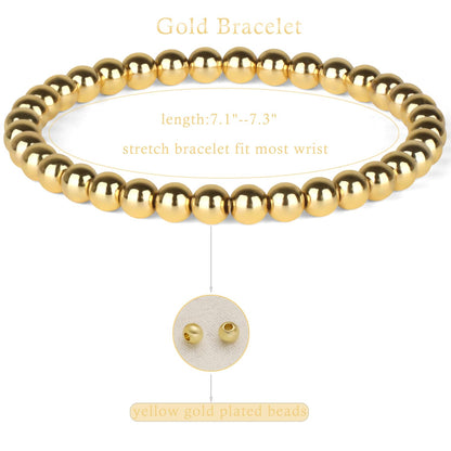 QOGIR 14K Gold Plated Beads Gemstone Stretch Elastic Dainty Handmade Beaded Bracelets for Women Gifts 6mm