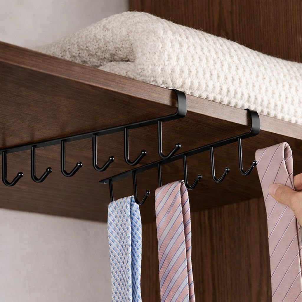 Under Cabinet Mug Holder 2 Pack, 6 Hooks Under Shelf Mug Organizer, Heavy Duty Metal Coffee Cup Holder Rack for Kitchen Cabinet, Space Saving Hanging Storage