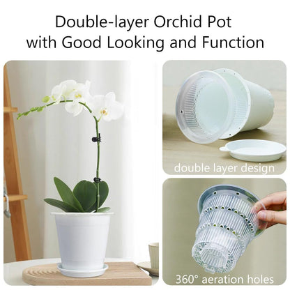 Meshpot 2Pcs 4 inch Clear Orchid Pots with Holes Match White Plastic Orchid Planter & 5 inch White Decorative Orchid Pot