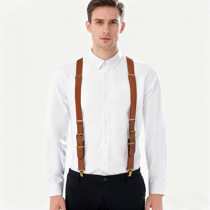 UPSONG Men's Y-Back 4 Metal Clip Elastic Suspenders Vintage Brown Braces Perfect For Both Casual&Formal