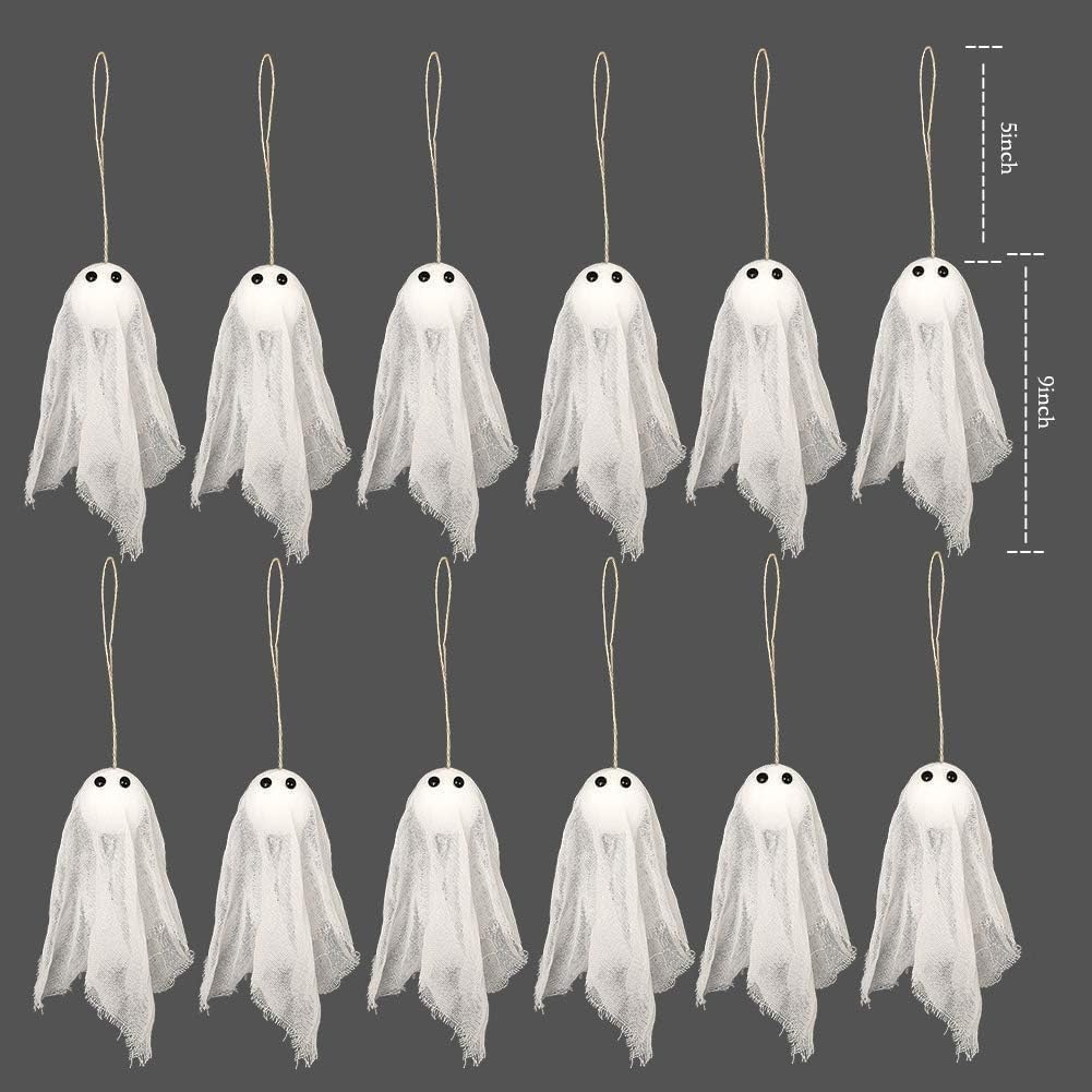 Decor365 Small Hanging Ghosts with White Creep Cloth and Black Eyes Summerween Party Decorations Classroom Living Room Outdoor Halloween Decorations Spooky Scary Ghost To Hang from Trees (Pack Of 12)