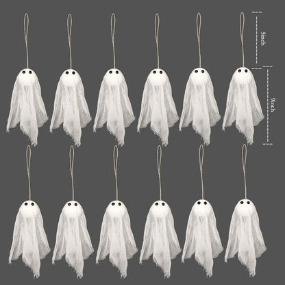Decor365 Small Hanging Ghosts with White Creep Cloth and Black Eyes Summerween Party Decorations Classroom Living Room Outdoor Halloween Decorations Spooky Scary Ghost To Hang from Trees (Pack Of 12)
