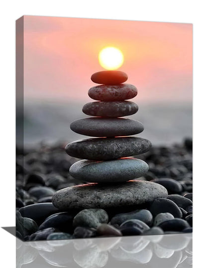 Zen Wall Art Stone Sunrise Pictures Wall Decor Zen Bathroom Decor Canvas Print Framed Artwork Paintings Calming Home Decorations For Spiritual Room Office Living Room Bedroom 12"x16"