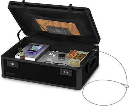 Vaultz Storage Lock Box - 6.5 x 19.25 x 13.5 Inch Lockable Dorm Storage Trunk with Combination Lock - Briefcase, Medicine Box, Lock Boxes for Personal Items, Cash, Laptop - Black on Black