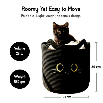 Nursery Storage Basket, 25L Large Woven Cotton Rope Baby Bin, Black Cat Design, Cutout Handles, Foldable, Washable, & Baby-Safe Organization for Kids Toy, Stuffed Animals, Laundry Hamper (Black Cat)