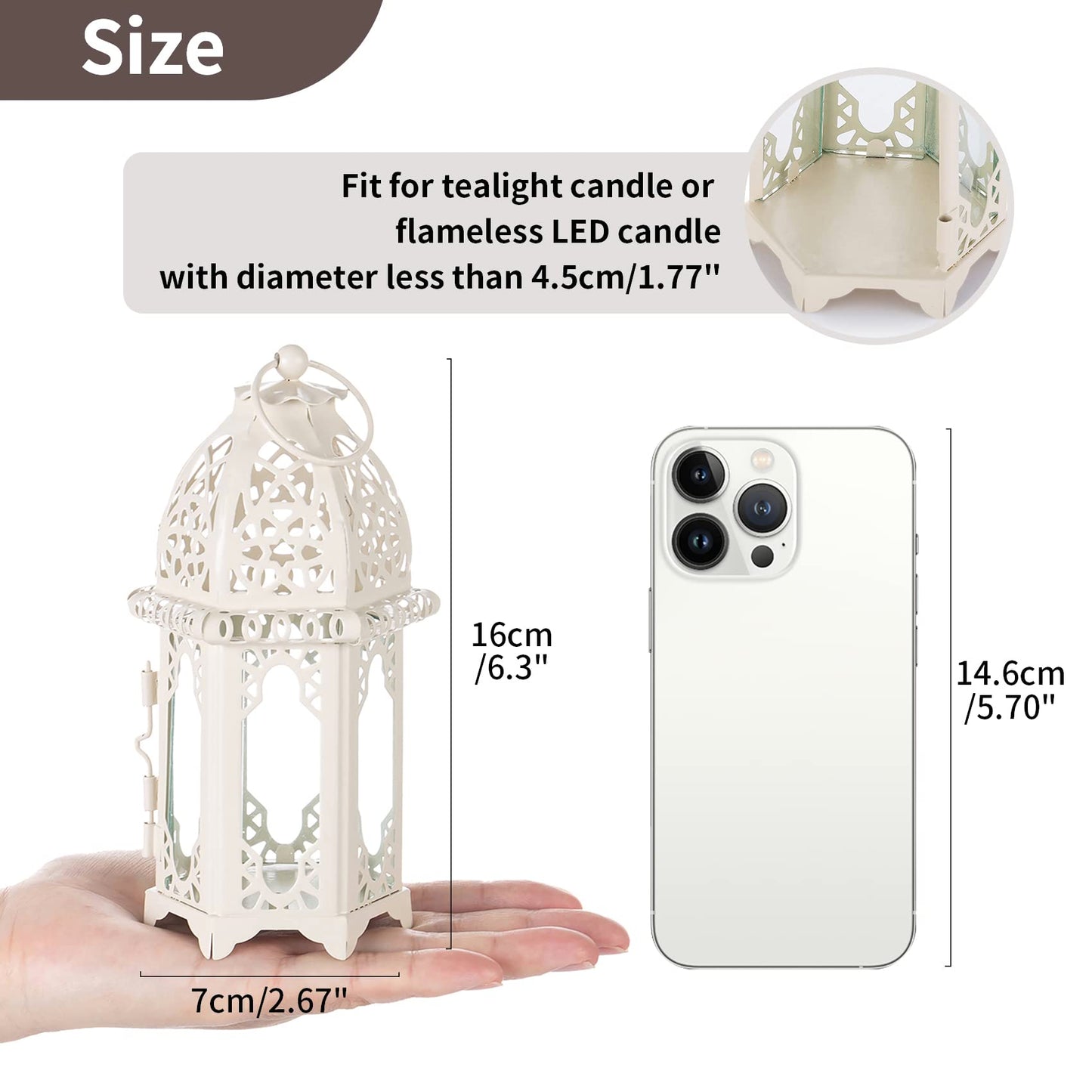 NUPTIO 2 Pcs Moroccan Style Candle Lantern - Small Sized Tealight Candle Holder with Transparent Glass Panels Great for Patio, Indoors/Outdoors, Events, Parties and Weddings, White