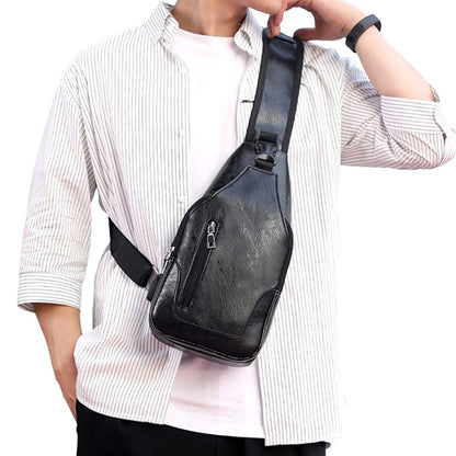 Peicees Leather Sling Bag Mens Crossbody Chest Bag Sling Backpack for Men with USB Charge Port