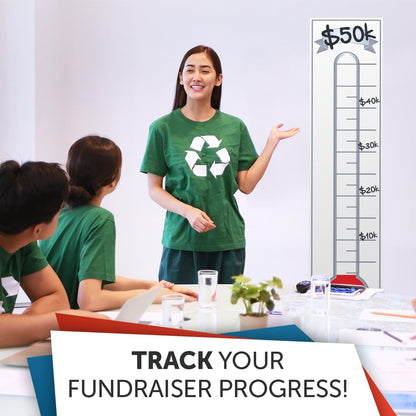 Fundraising Goal Thermometer Chart - 11" x 48", Reusable, Dry Erase Goal Tracker - Great for Schools, Churches, Offices & Charities