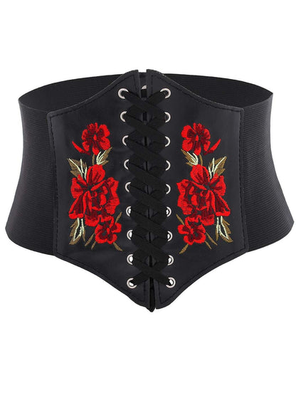 Urieo Embroidered Rose Corset Belt Black Lace-up Waist Cincher Belt Renaissance Underbust Halloween Dresses Wide Elastic Waspie Belts for Women