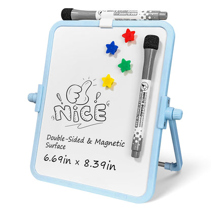 FUNISKETCH Colorful Dry Erase White Board 6.7x8.4in, Magnetic Desktop Board with Stand, 2 Markers (Eraser Head), 4 Magnets - Double-Sided Easel for Daily Planning, Memo, Office/Home/School (Blue)